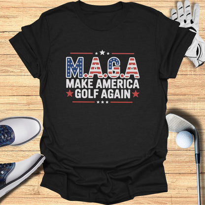 Black t-shirt with "M.A.G.A. Make America Golf Again" in patriotic text.