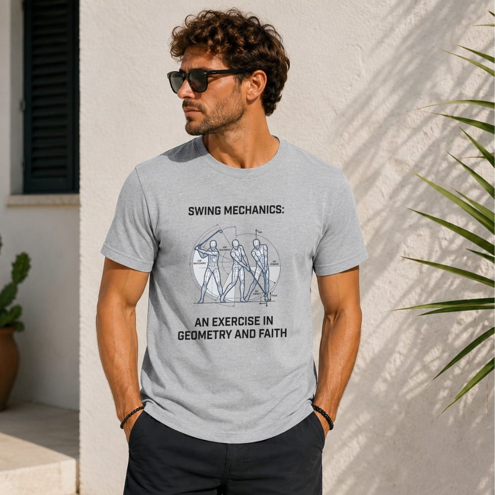 Man wearing grey t-shirt with "SWING MECHANICS: AN EXERCISE IN GEOMETRY AND FAITH" graphic.