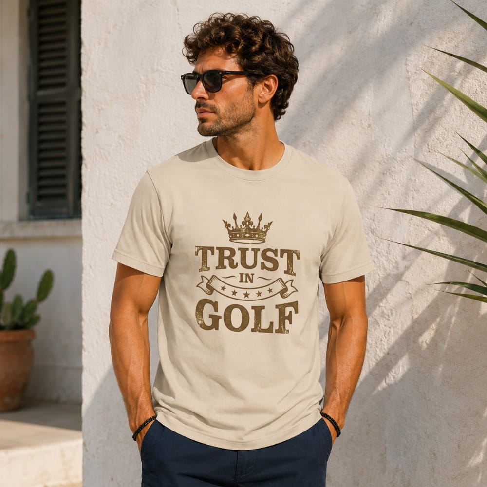 Man wearing a beige t-shirt with "Trust in Golf" text and crown design.