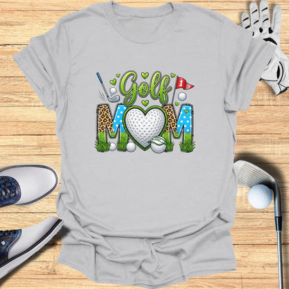 Golf Mom graphic with heart, golf ball, and leopard print accents.
