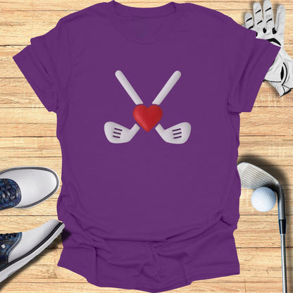 Purple T-Shirt with Crossed Golf Clubs and Heart Design