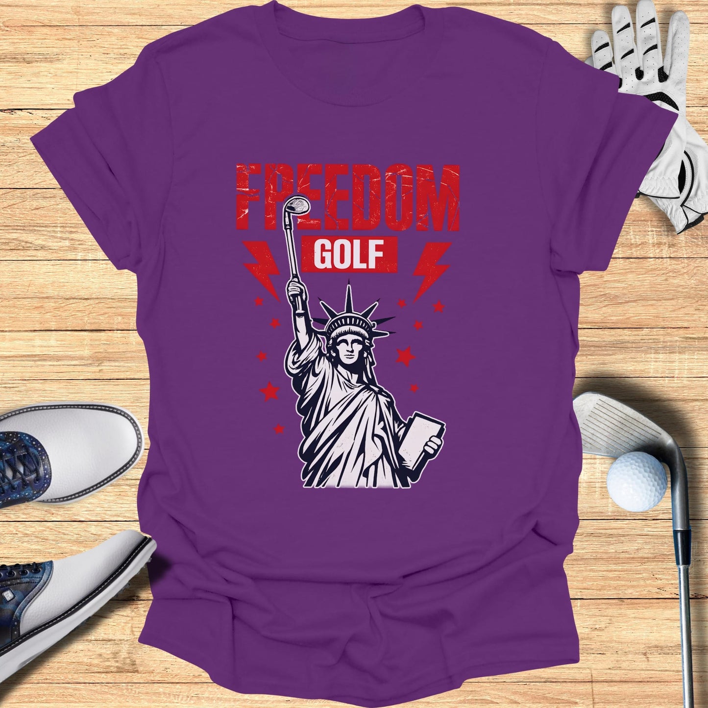 Statue of Liberty wearing a golf visor with "Freedom Golf" text.