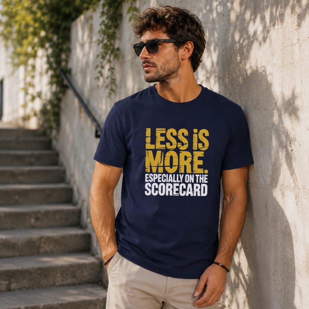 Navy t-shirt with yellow text reading "LESS IS MORE. ESPECIALLY ON THE SCORECARD."