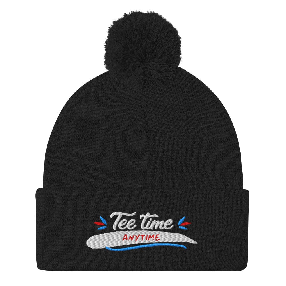 Tee Time Anytime Embroidered Golf Pom-Pom Beanie - Funny Golf Tee by Swing Epic