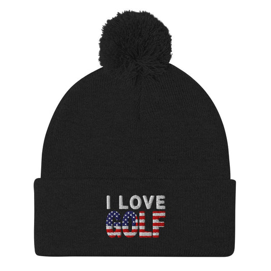 I Love Golf USA Flag Patriotic Embroidered Golf Pom-Pom Beanie - Funny Golf Tee by Swing Epic