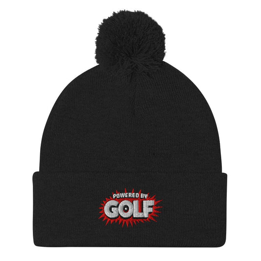 Powered By Golf Funny Embroidered Golf Pom-Pom Beanie - Funny Golf Tee by Swing Epic