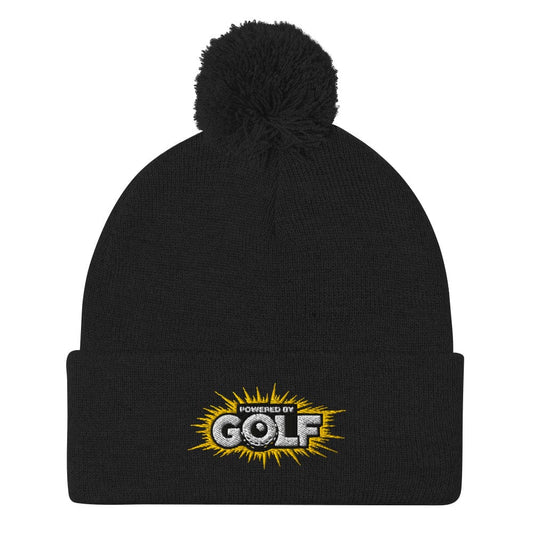 Powered By Golf Funny Embroidered Golf Pom-Pom Beanie - Funny Golf Tee by Swing Epic