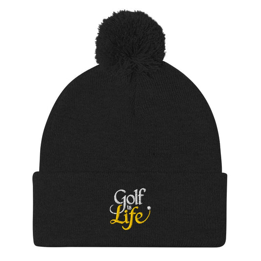 Golf Is Life Quirky Fun Embroidered Golf Pom-Pom Beanie - Funny Golf Tee by Swing Epic