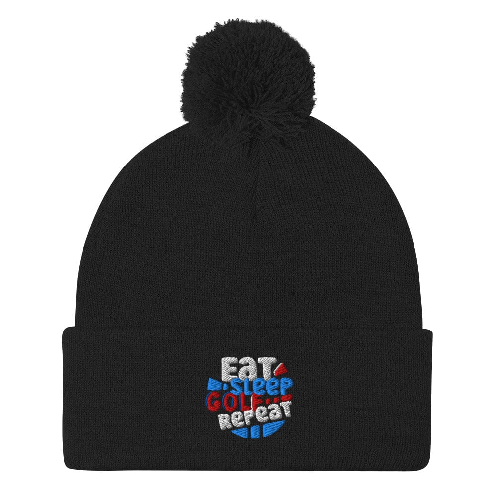 Eat Sleep Golf Repeat Fun Embroidered Golf Pom-Pom Beanie - Funny Golf Tee by Swing Epic