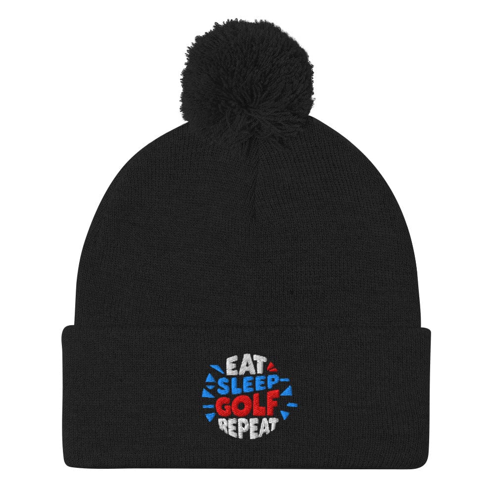 Eat Sleep Golf Repeat Fun Embroidered Golf Pom-Pom Beanie - Funny Golf Tee by Swing Epic