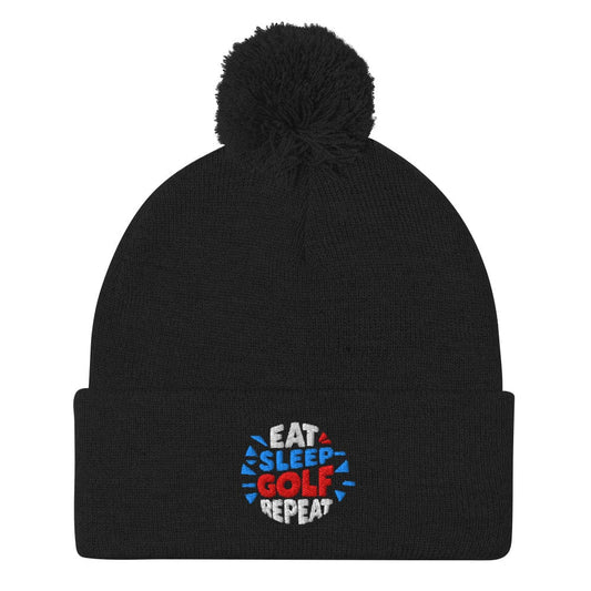 Eat Sleep Golf Repeat Fun Embroidered Golf Pom-Pom Beanie - Funny Golf Tee by Swing Epic