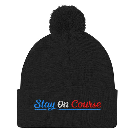 Stay On Course Embroidered Golf Pom-Pom Beanie - Funny Golf Tee by Swing Epic