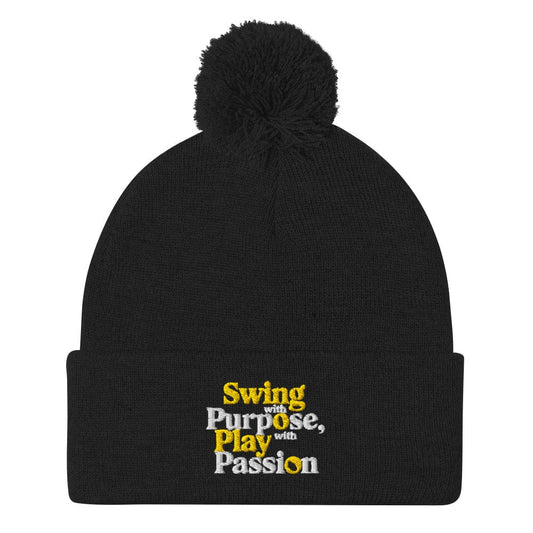 Swing with Purpose Play with Passion Embroidered Golf Pom-Pom Beanie - Funny Golf Tee by Swing Epic