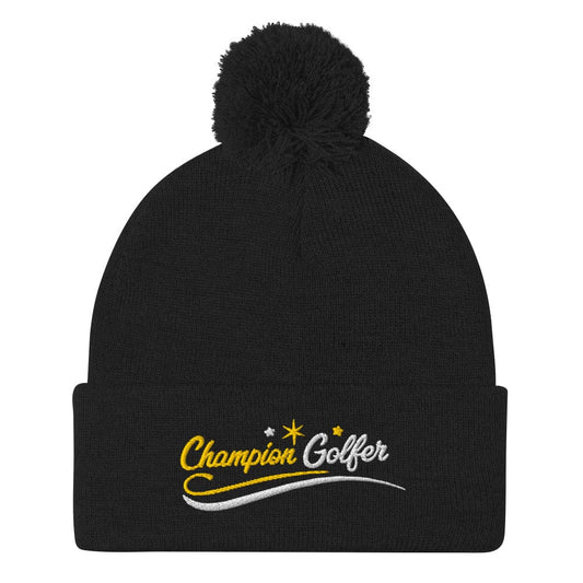 Champion Golfer Fun Star Design Embroidered Golf Pom-Pom Beanie - Funny Golf Tee by Swing Epic