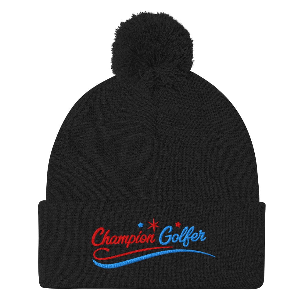 Champion Golfer Fun Star Design Embroidered Golf Pom-Pom Beanie - Funny Golf Tee by Swing Epic