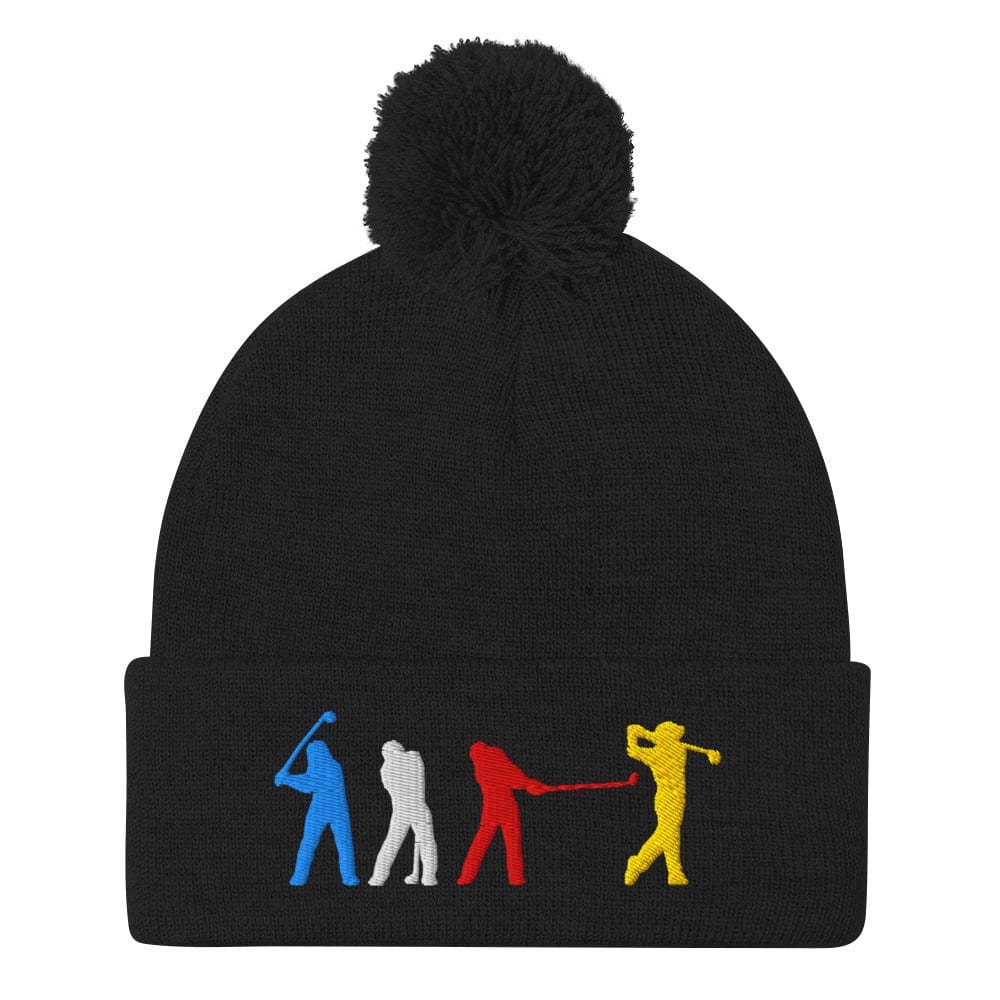 Four Swinging Silhouettes Dynamic Embroidered Golf Pom-Pom Beanie - Funny Golf Tee by Swing Epic