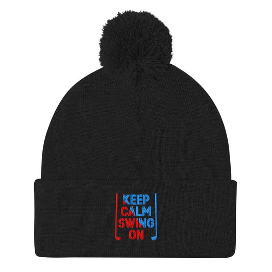 Keep Calm Swing On Embroidered Golf Pom-Pom Beanie - Funny Golf Tee by Swing Epic