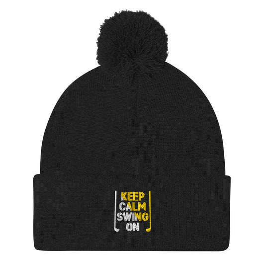 Keep Calm Swing On Embroidered Golf Pom-Pom Beanie - Funny Golf Tee by Swing Epic
