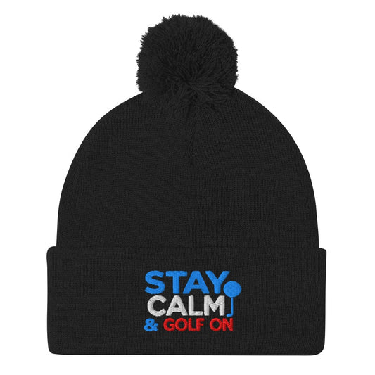 Stay Calm & Golf On Funny Embroidered Golf Pom-Pom Beanie - Funny Golf Tee by Swing Epic
