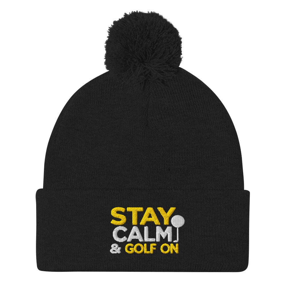 Stay Calm & Golf On Funny Embroidered Golf Pom-Pom Beanie - Funny Golf Tee by Swing Epic