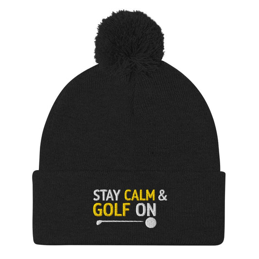 Stay Calm and Golf On Funny Embroidered Golf Pom-Pom Beanie - Funny Golf Tee by Swing Epic