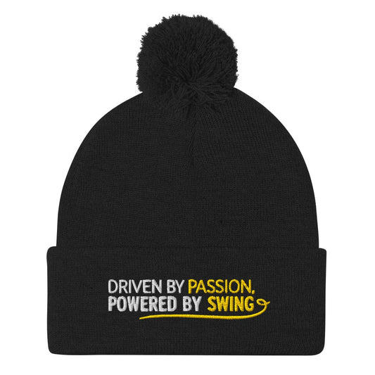 Driven By Passion Powered By Swing Embroidered Golf Pom-Pom Beanie - Funny Golf Tee by Swing Epic
