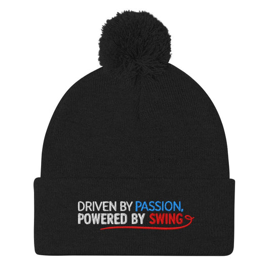 Driven By Passion Powered By Swing Embroidered Golf Pom-Pom Beanie - Funny Golf Tee by Swing Epic