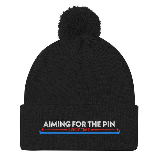 Aiming for the Pin Every Time Embroidered Golf Pom-Pom Beanie - Funny Golf Tee by Swing Epic