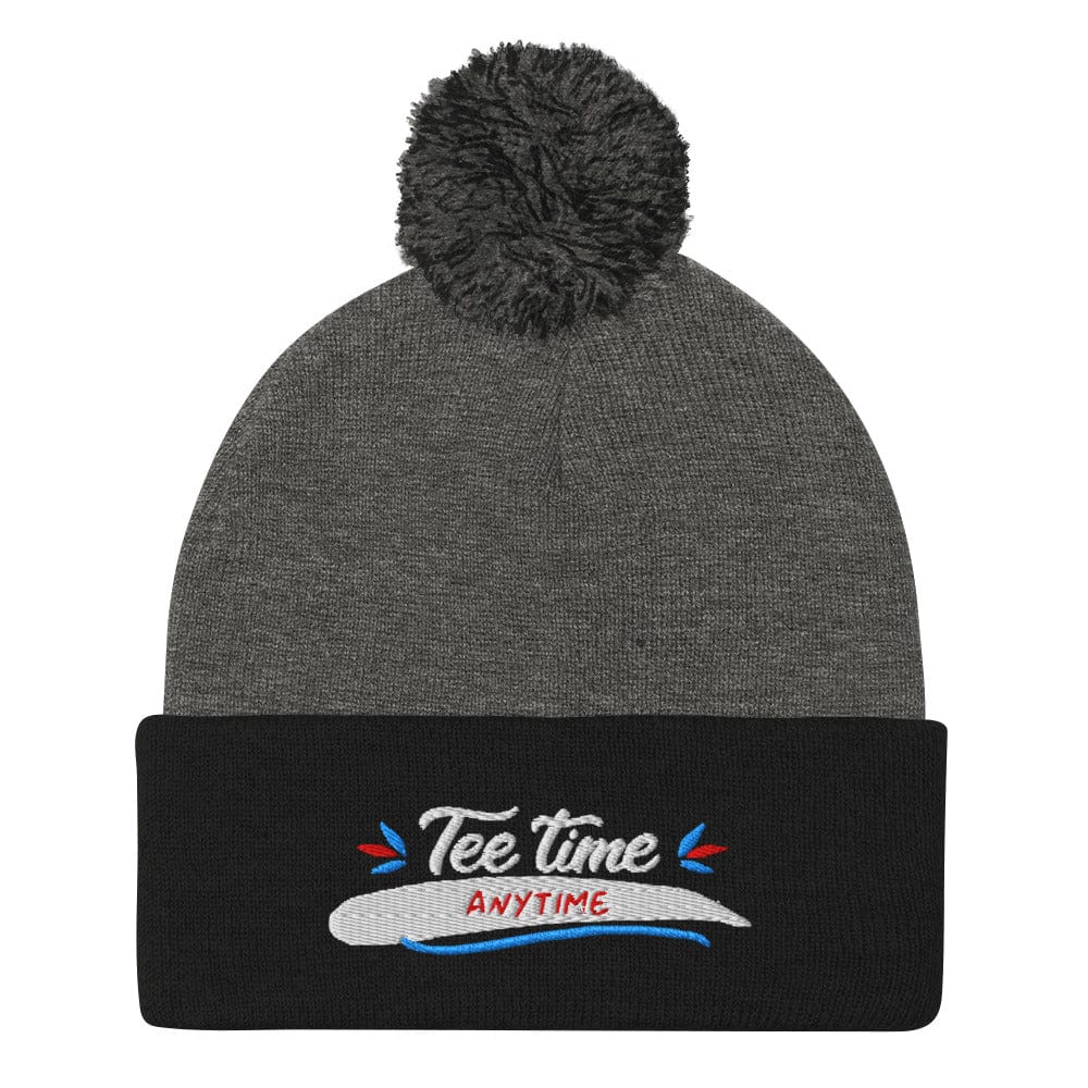 Tee Time Anytime Embroidered Golf Pom-Pom Beanie - Funny Golf Tee by Swing Epic