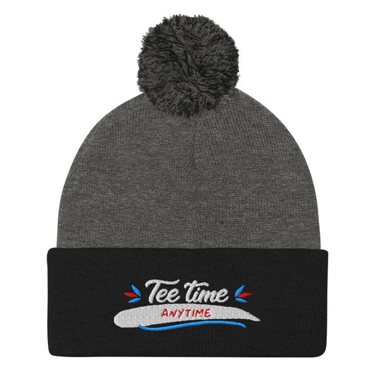 Tee Time Anytime Embroidered Golf Pom-Pom Beanie - Funny Golf Tee by Swing Epic