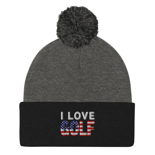 I Love Golf USA Flag Patriotic Embroidered Golf Pom-Pom Beanie - Funny Golf Tee by Swing Epic