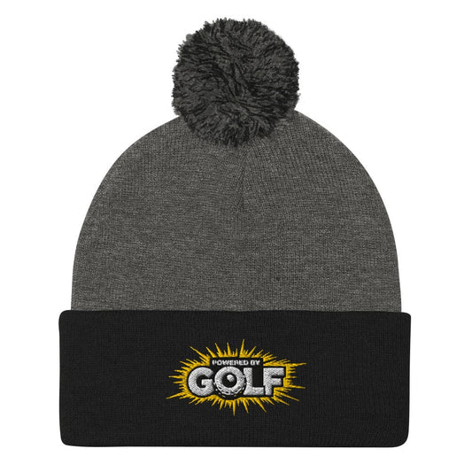 Powered By Golf Funny Embroidered Golf Pom-Pom Beanie - Funny Golf Tee by Swing Epic