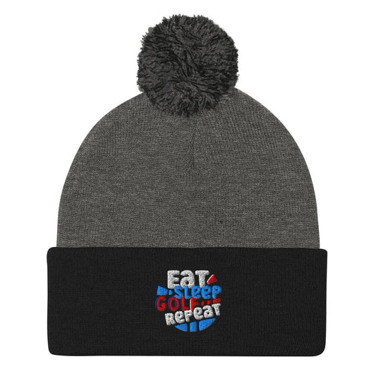 Eat Sleep Golf Repeat Fun Embroidered Golf Pom-Pom Beanie - Funny Golf Tee by Swing Epic