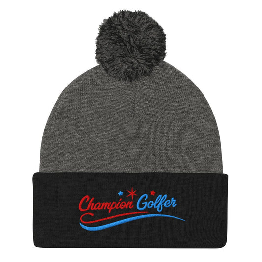 Champion Golfer Fun Star Design Embroidered Golf Pom-Pom Beanie - Funny Golf Tee by Swing Epic