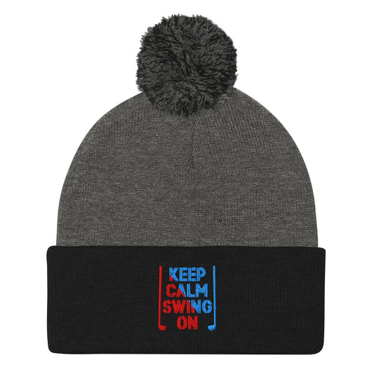 Keep Calm Swing On Embroidered Golf Pom-Pom Beanie - Funny Golf Tee by Swing Epic