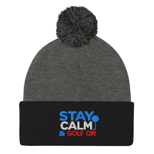 Stay Calm & Golf On Funny Embroidered Golf Pom-Pom Beanie - Funny Golf Tee by Swing Epic