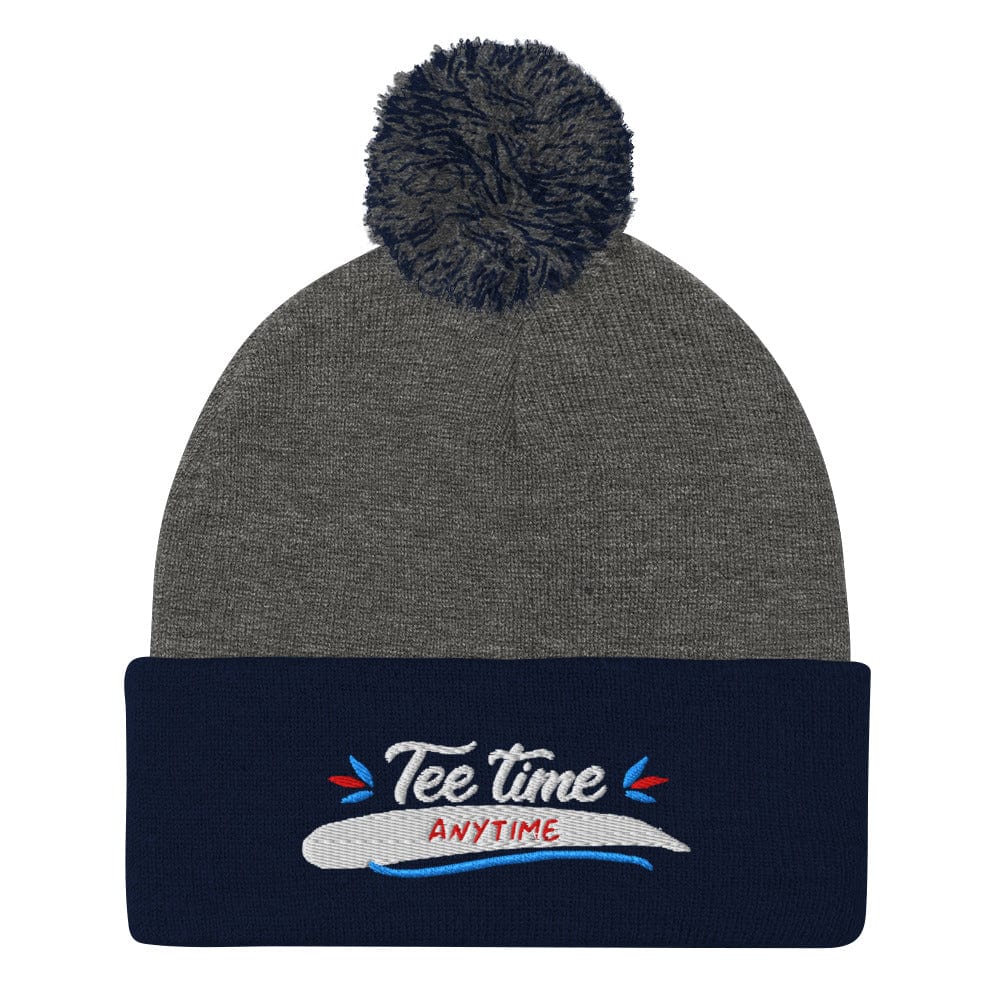 Tee Time Anytime Embroidered Golf Pom-Pom Beanie - Funny Golf Tee by Swing Epic