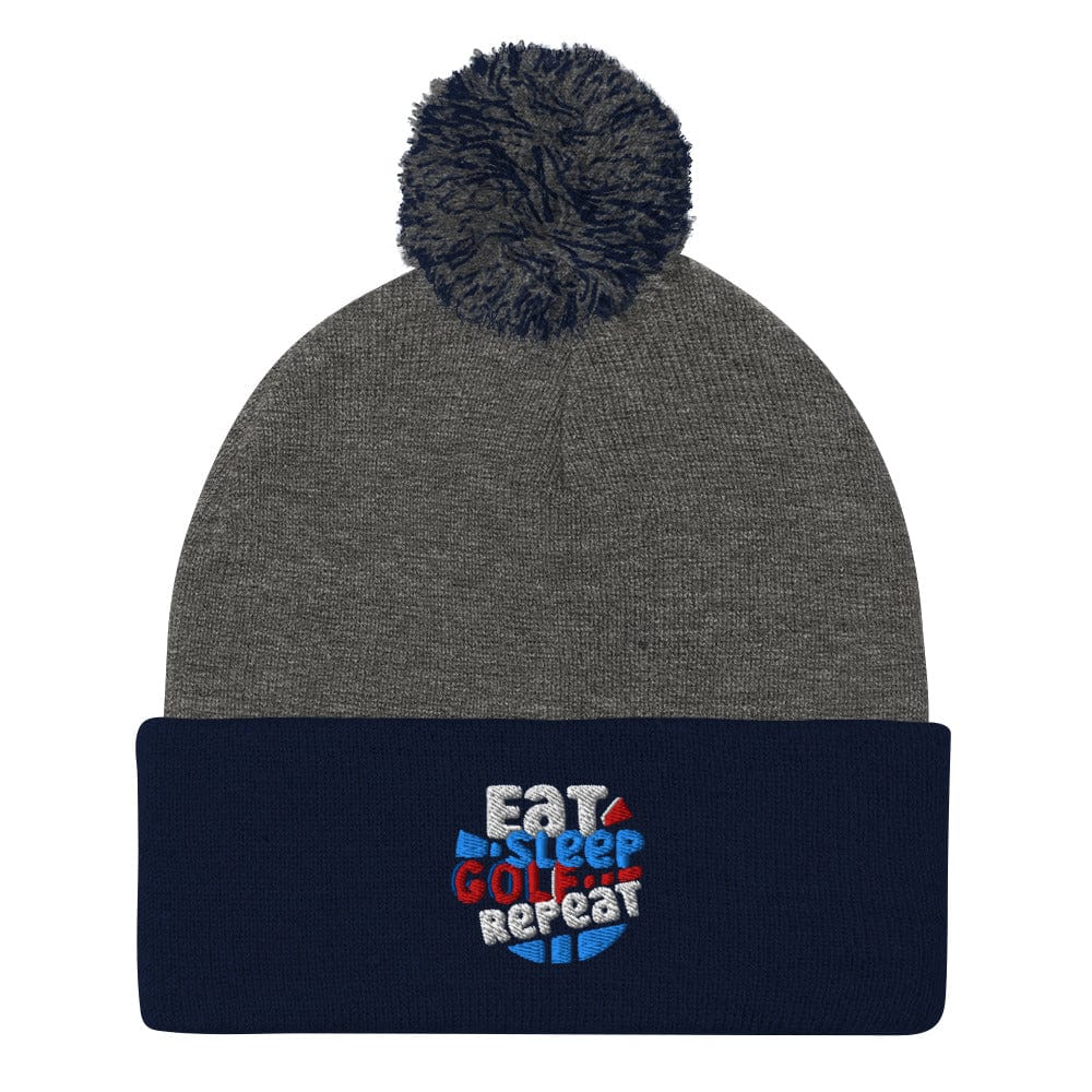 Eat Sleep Golf Repeat Fun Embroidered Golf Pom-Pom Beanie - Funny Golf Tee by Swing Epic