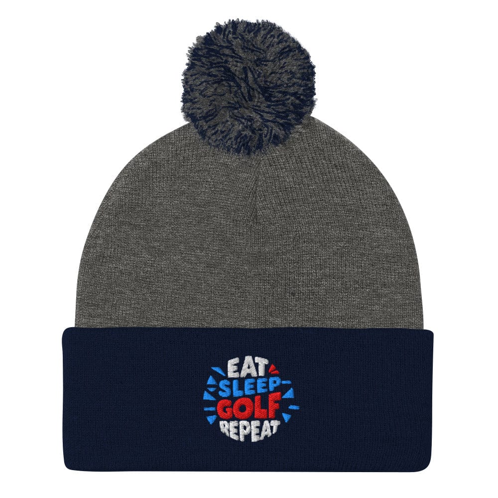 Eat Sleep Golf Repeat Fun Embroidered Golf Pom-Pom Beanie - Funny Golf Tee by Swing Epic