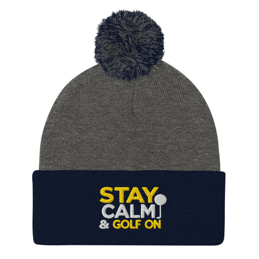 Stay Calm & Golf On Funny Embroidered Golf Pom-Pom Beanie - Funny Golf Tee by Swing Epic