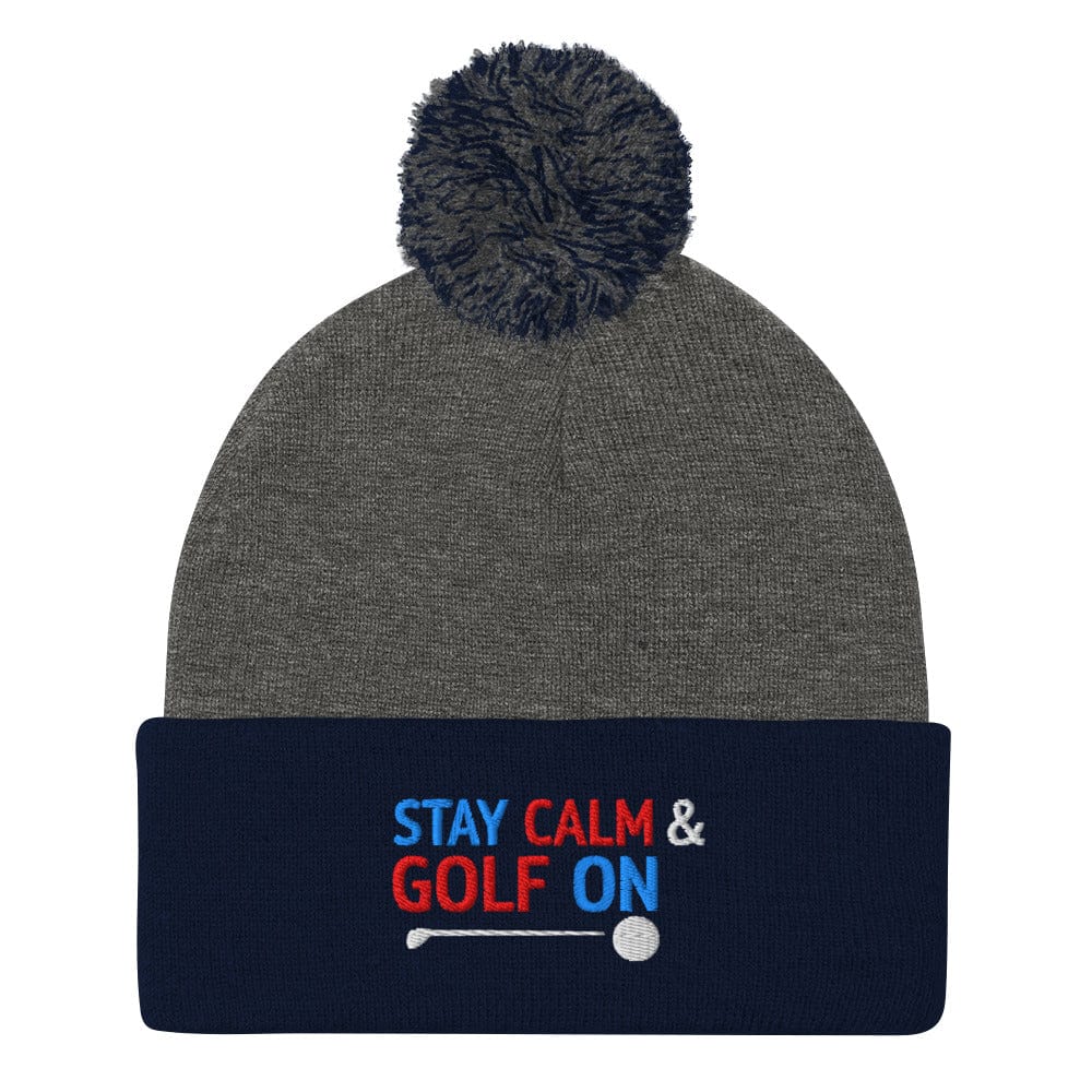 Stay Calm and Golf On Funny Embroidered Golf Pom-Pom Beanie - Funny Golf Tee by Swing Epic