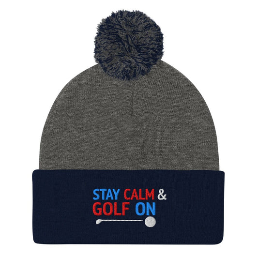 Stay Calm and Golf On Funny Embroidered Golf Pom-Pom Beanie - Funny Golf Tee by Swing Epic