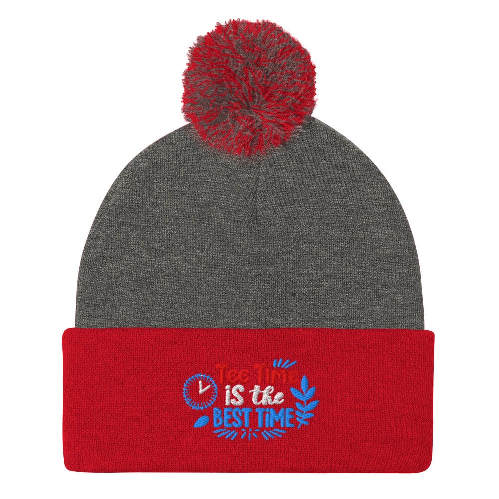 Tee Time Is The Best Time Embroidered Golf Pom-Pom Beanie - Funny Golf Tee by Swing Epic