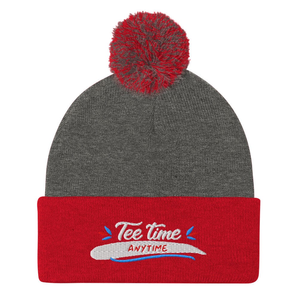 Tee Time Anytime Embroidered Golf Pom-Pom Beanie - Funny Golf Tee by Swing Epic