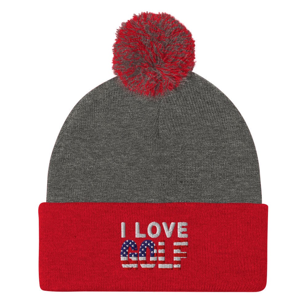 I Love Golf USA Flag Patriotic Embroidered Golf Pom-Pom Beanie - Funny Golf Tee by Swing Epic