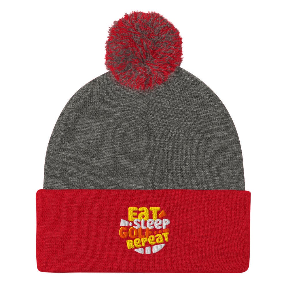 Eat Sleep Golf Repeat Fun Embroidered Golf Pom-Pom Beanie - Funny Golf Tee by Swing Epic