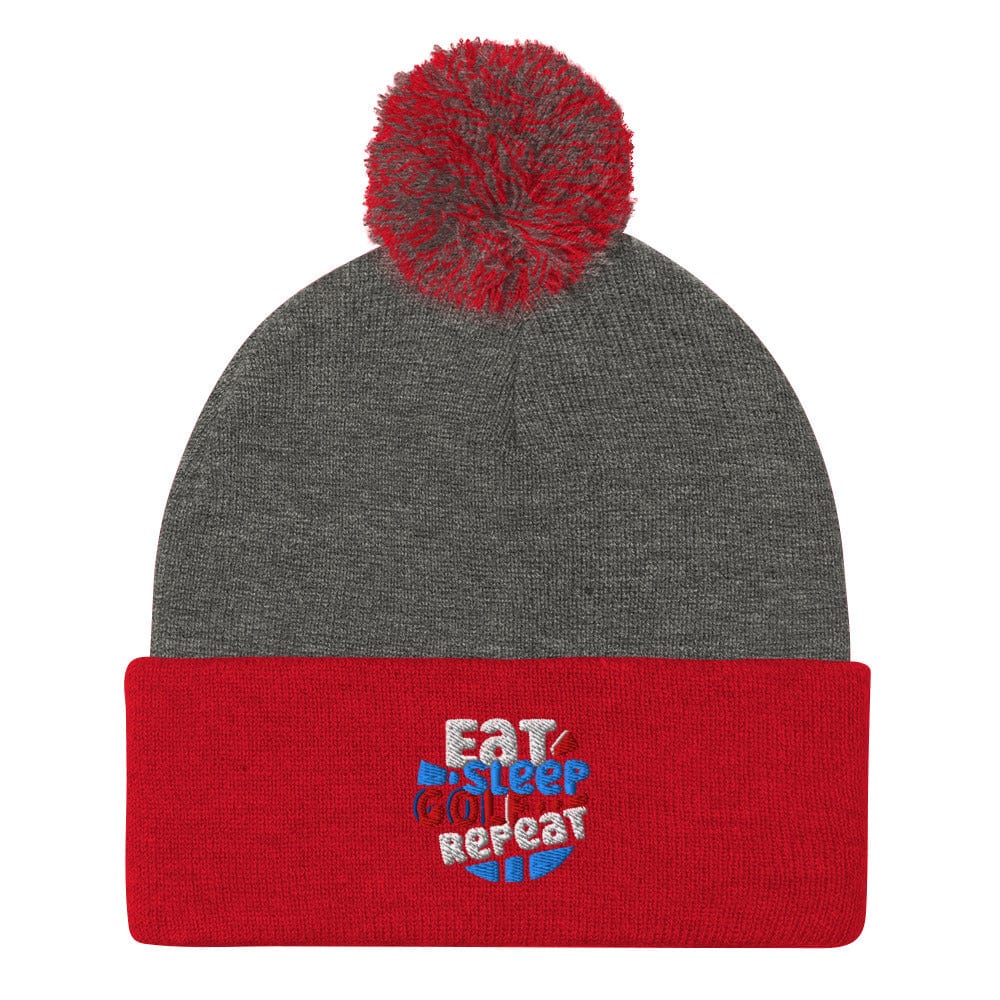 Eat Sleep Golf Repeat Fun Embroidered Golf Pom-Pom Beanie - Funny Golf Tee by Swing Epic