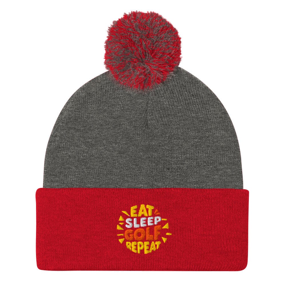 Eat Sleep Golf Repeat Fun Embroidered Golf Pom-Pom Beanie - Funny Golf Tee by Swing Epic