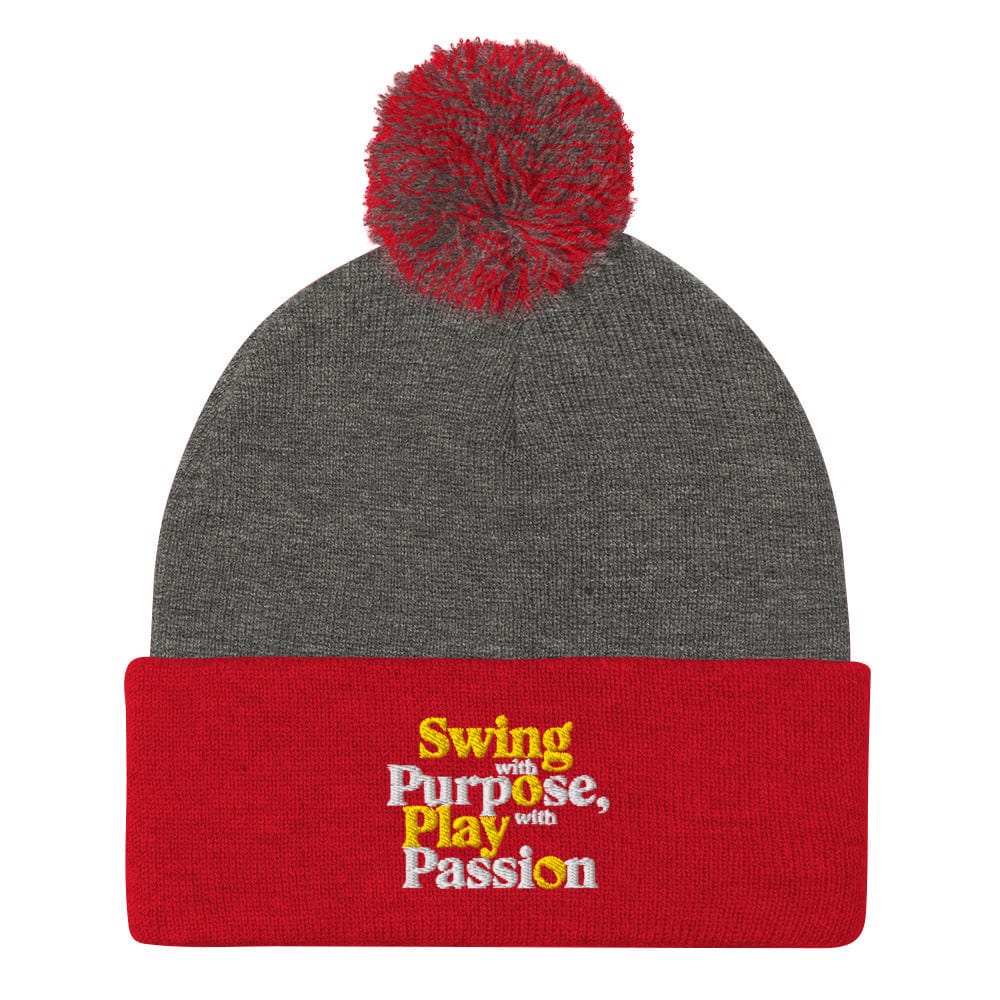 Swing with Purpose Play with Passion Embroidered Golf Pom-Pom Beanie - Funny Golf Tee by Swing Epic