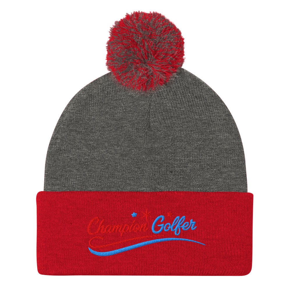Champion Golfer Fun Star Design Embroidered Golf Pom-Pom Beanie - Funny Golf Tee by Swing Epic